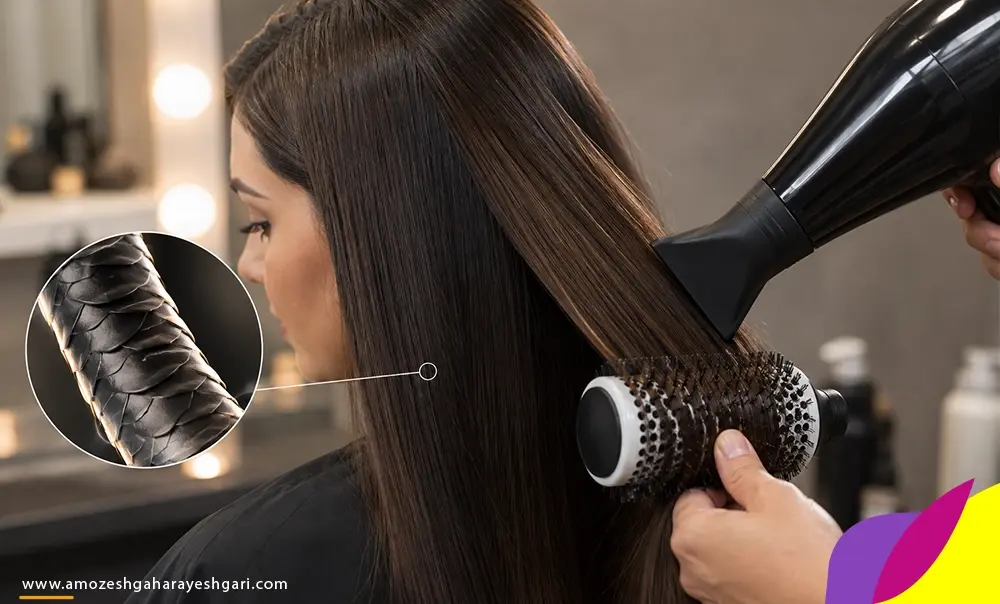 حوه سشوار کشیدن صحیح و بستن فلس و کوتیکول مو برای مقابله با وز شدن